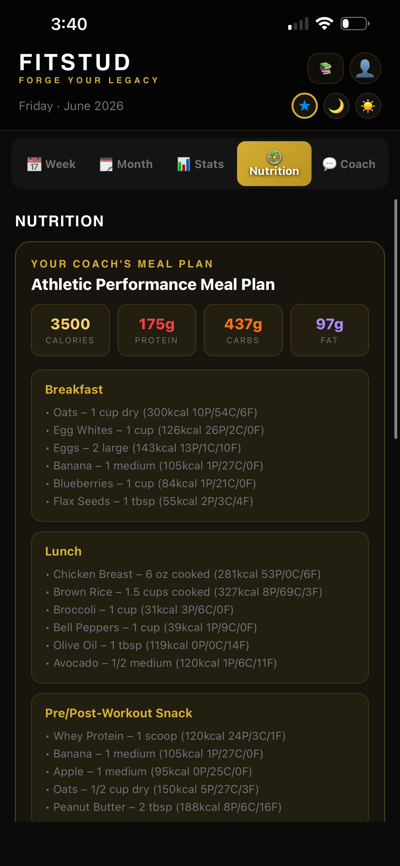 FitStud client app nutrition screen with the coach assigned meal plan and macro targets