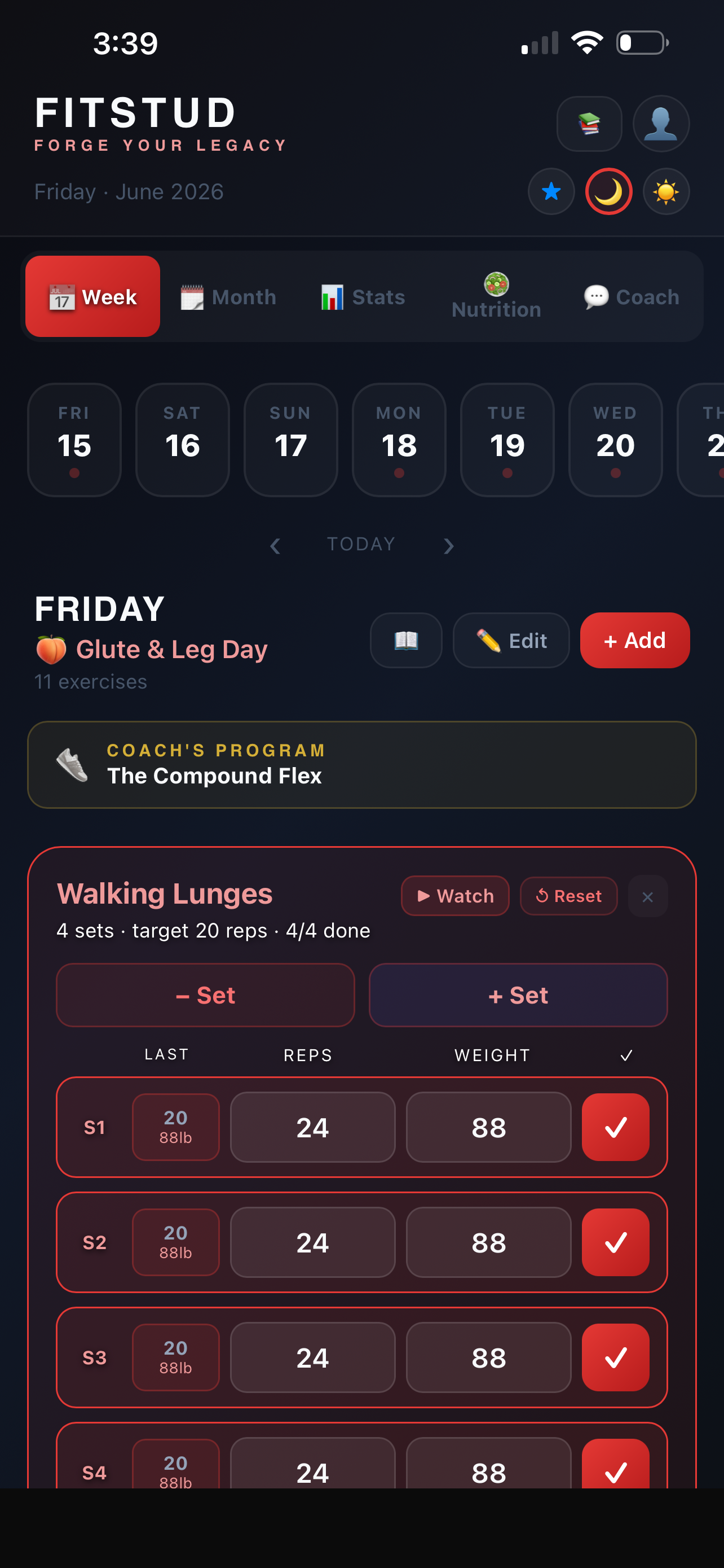 FitStud client app in the dark theme with blue accents